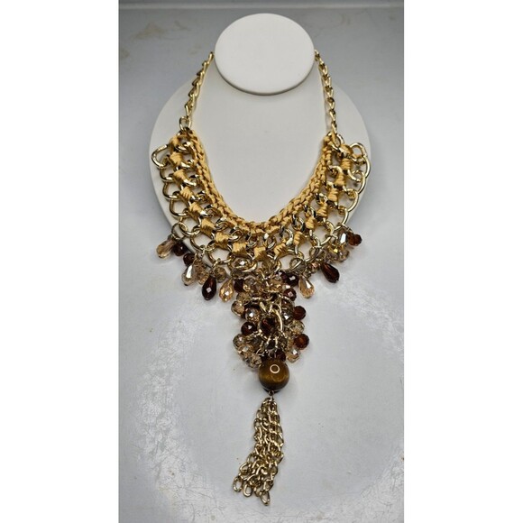 Macrame Cord and Beaded Lariat Statement Necklace 20" with a 7" Drop - Picture 1 of 7